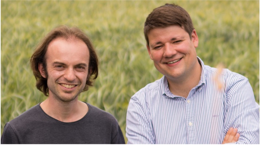 Die Gründer von Terensis vor einem Getreidefeld: links Dr. Lukas Graf, rechts Dr. Gregor Perich