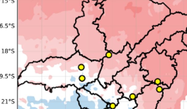 Wetterkarte mit hochaufgelösten Niederschlagsdaten und Messpunkten in Brasiliens Kaffeeanbaugebiet